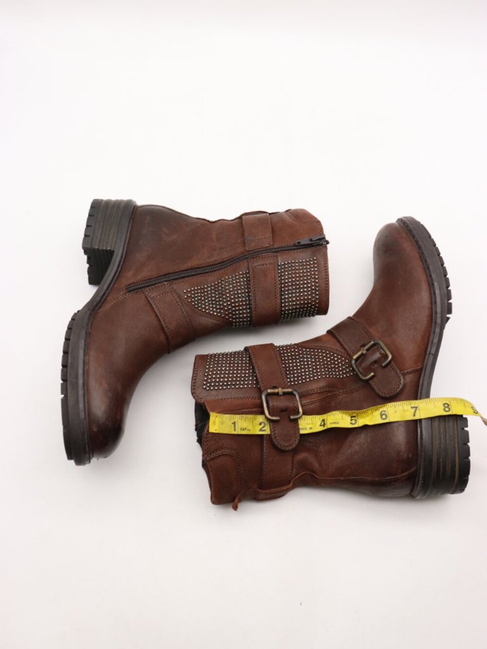 Paul Green Women's UK 4.5 US 7 Brown Leather Studded Moto Boots Buckle Shoes - Picture 6 of 12